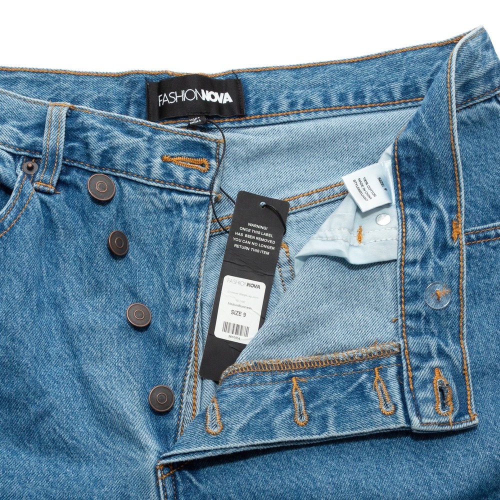 Fashion Nova Size 9 Crossover Straight Leg Jeans Womens Blue New Asymmetrical